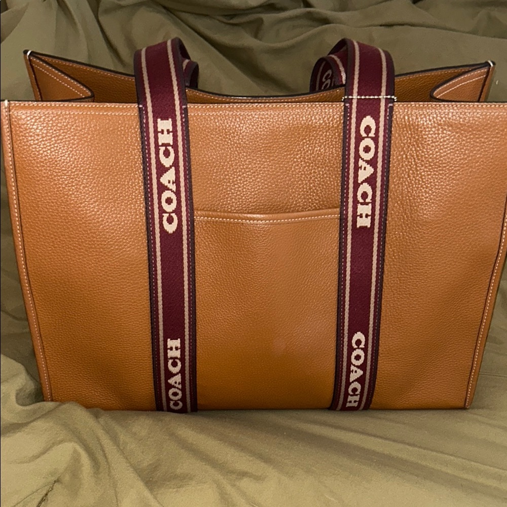 Coach Smith Brown Leather Tote with Maroon Straps